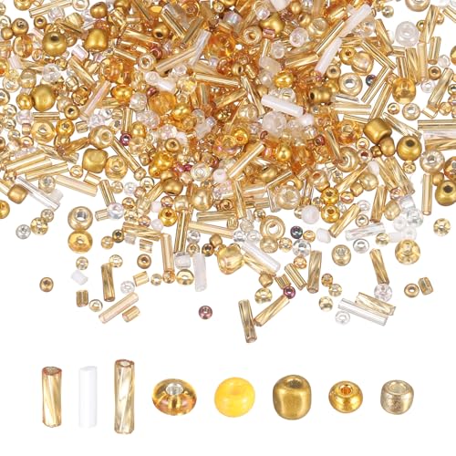 MECCANIXITY 5000 Pcs Mixed Glass Seed Beads, 1.5-6mm Mini Loose Glass Bugle Spacer Bead Embroidery Beads for DIY Craft Projects Earrings Necklaces Bracelets Jewelry Making, Gold - color: Gold