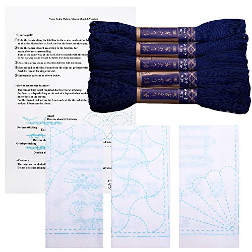 Sashiko kit, Yokota Sashiko Thread and Template Yume Fukin with Original English Manual, Fabric, Japanese Textile (Navy Thread/White Dishcloth 2) - color: Navy Thread / White Dishcloth 2