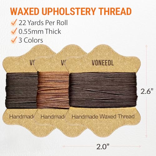 Upholstery Repair Kit: Waxed Sewing Thread (3 Rolls - Brown Color Range) & Heavy Duty Needles (11 PCS) for Leather, Canvas & Quilting Thread - color: Brown, Dark Brown, Light Brown