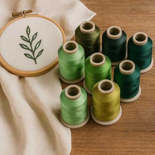 Mixed Color Embroidery Thread Set of 8 | 317 | 9070 | 8995 | 9849 | 9429 | 9072 | 91744 | 9342 | 15 Gr Polyester Embroidery Machine Thread (8, Green) - color: Green