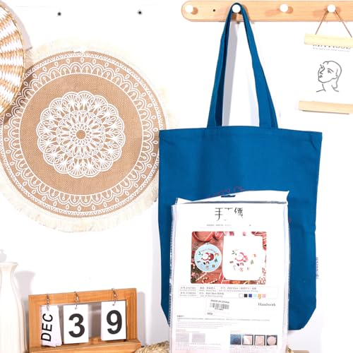 CREAWONDER Canvas Tote Bag Embroidery Kit with Pattern for Beginners, Arts and DIY Embroidery Crafts Kits for Adults, Include Instructions, Thimble, Embroidery Hoops, Color Threads and Tool - color: CR002 SantaClaus darkblue