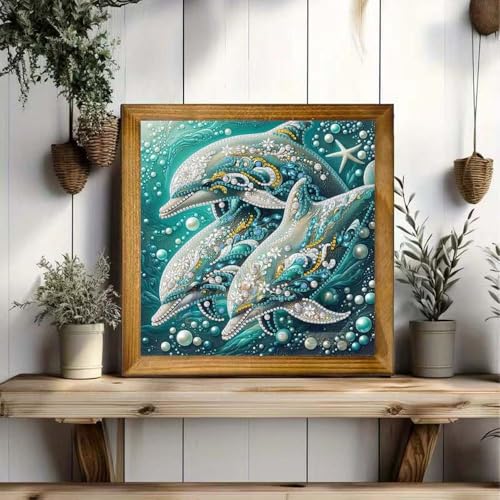 Dolphin Animal Diamond Art Kits for Adults Beginner,5D Diamond Painting Kits for Dolphin Family,DIY Special Shape Gem Painting Crystal Rhinestones Crafts Art Kits,Home Wall Decor 11.8 X 11.8Inch - color: XJ109