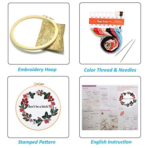 Louise Maelys Cross Stitch Kit Full Range DIY Floral Wreath with Funny Sayimg Embroidery Kit for Beginner - color: Floral-1