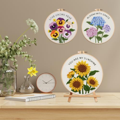 Nuberlic 3 Pack Embroidery Kit for Beginners, Floral Cross Stitch Kit - color: floral
