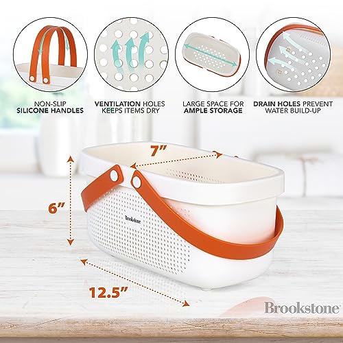 Brookstone Modern Large Portable Shower Caddy with Soft Silicone Carrying Handle, Bathroom Organizer Basket, Plastic Bath Tote and Shower Organizer, Quick Dry Drainage Holes, BPA Free, White - color: White / Cream