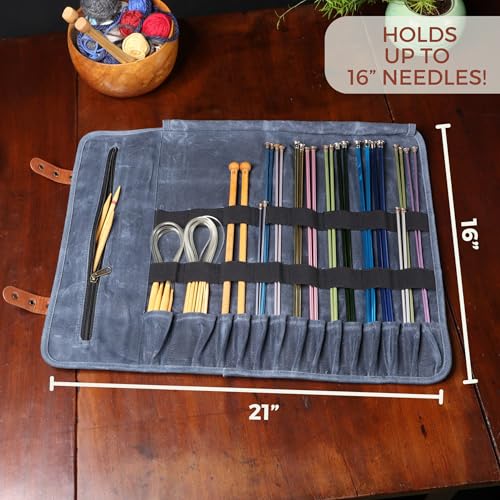 Earth & Fiber Co. Waxed canvas knitting needle case (up to 16 inches) - knitting bag - knitting needle organizer- knitting needle storage - circular knitting needle case (blue)