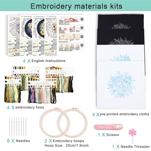 Harimau Adult Beginner Embroidery Starter Kit, Complete Set with 4 Patterns, 2 Hoops, Needles, Scissors, Instruction Guide & Stitching Video Tutorials - color: Floral Pattern