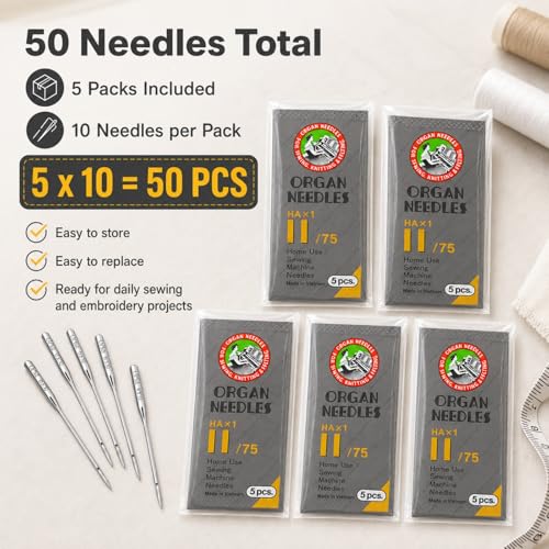 50 PCS Embroidery Sewing Machine Needles for Brother Size 75/11 130/705H HAx1 Sewing Needles for Brother Sewing Machine (5 Pack of 10 Needles) - style: 50pcs- 75/11