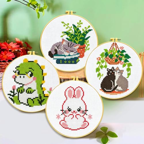 Zhenqing 4 Cute Animal Cross Stitch Kit for Beginners, 11CT Printed 24x24cm with Hoop, Dinosaur Cat Bunny Embroidery Set（68123）