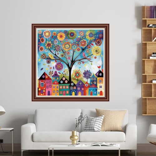 Dimensean Counted Cross Stitch Kit for Beginners, 11CT Unprinted Cross-Stitch Kit Easy Patterns Needlepoint Kit Cross Stitching Embroidery Kit Supplies-Tree of Life House 18x18 inch - color: DIYColor18