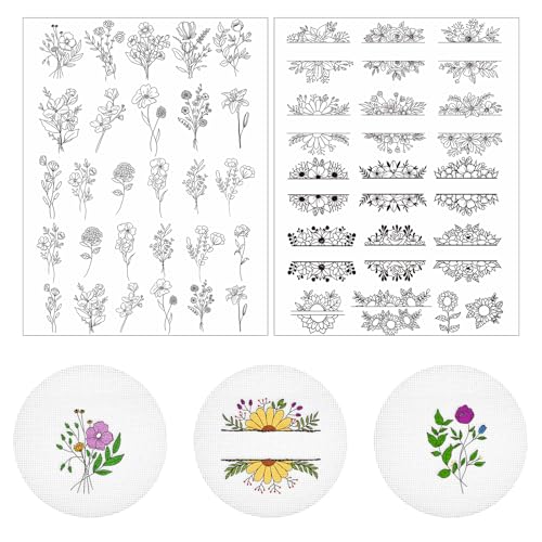 Rngmsi Water Soluble Embroidery Patterns - 2 Sheets Flower Design Stick and Stitch Papers Wash Away 44 Pcs Floral Plant Embroidery Transfer Patterns Stabilizers for Hand Sewing - color: Flower