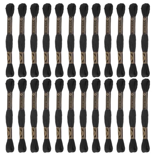 HARFINGTON 24 Skeins Embroidery Floss 8m Each Egyptian Long Fiber Cotton Cross Stitch Thread 26S/2x6 for Embroidery Projects Bracelet, Black - color: Black