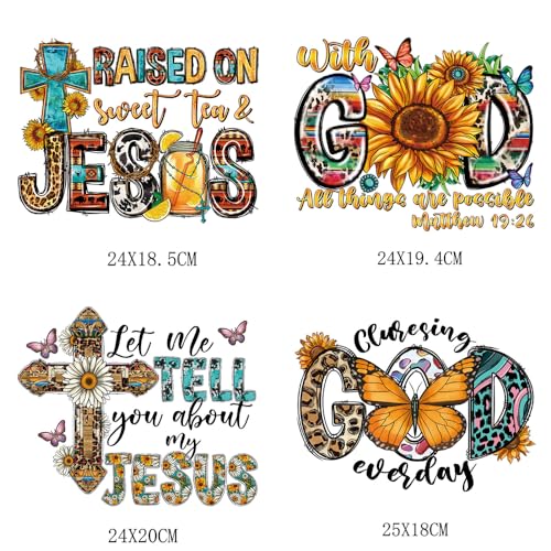 4 Packs Jesus Iron on Transfer Patches Cross God Iron on Vinyl Decals for Jeans Christ Jesus Butterfly Sunflower DTF Heat Transfer Vinyl Stickers DIY Iron on Appliques for Clothing T-Shirt Craft - color: Jesus A