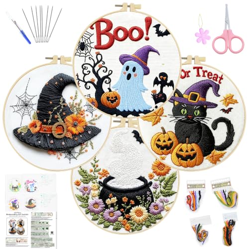 4 Sets Halloween Embroidery Kits for Beginners, Halloween Cross Stitch Kits - color: 4 Set Halloween