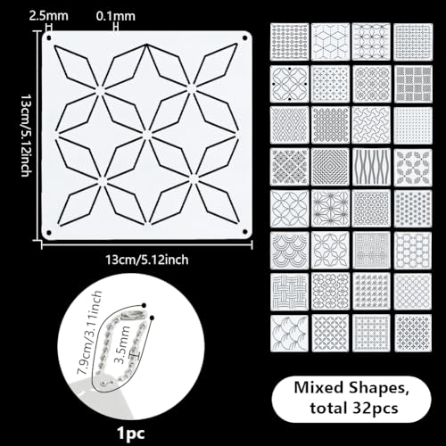 AHANDMAKER 32pcs Reusable Sashiko Stencils Japanese Embroidery Template Kit Geometric & Floral Patterns for Hand Quilting Patterns Christmas Visible Mending Fabric Painting, 5.12in x 5.12in