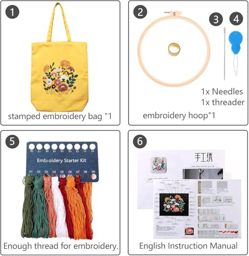 CREAWONDER Canvas Tote Bag Embroidery Kit with Pattern for Beginners, Arts and DIY Embroidery Crafts Kits for Adults, Include Instructions, Thimble, Embroidery Hoops, Color Threads and Tool - color: CR002 huaguangpianran yellow