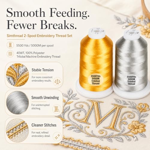 Simthread 2Pk 5500Y 40WT Polyester Embroidery Thread Gold214 Silver005 - color: Royal Duo(OldGold+Silver)