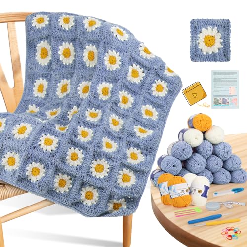 Coopay Crochet Kit for Beginners, Granny Square Blanket Kit, Blue-Purple - color: Blue-purple - Daisy