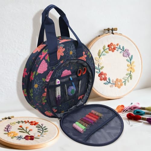 Round Embroidery Project Bag, Tote for Hoops, Floss&Sewing Supplies - color: Blue Floral