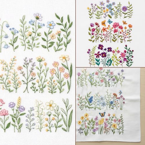 4 Sheets Embroidery Flower Patterns, Stick and Stitch Embroidery Patterns for Hand Sewing, Water Soluble Pre-Printed Flower Embroiderys Transfer for Crafts