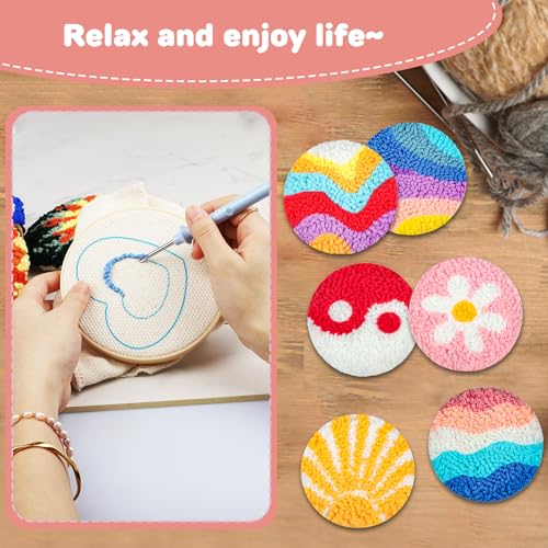 AIRDEA Punch Needle Drink Coasters Kit,Casual Punch Needle Embroidery Complete Kits for Beginner 3.29x3.29 Inches,Included All Accessories,DIY Car Coasters (Pink) - color: pink