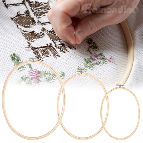 Framendino, 3 Pack 3 Sizes Oval Embroidery Hoops Bamboo Circle Cross Stitch Hoop Ring Frames for Sewing DIY Craft