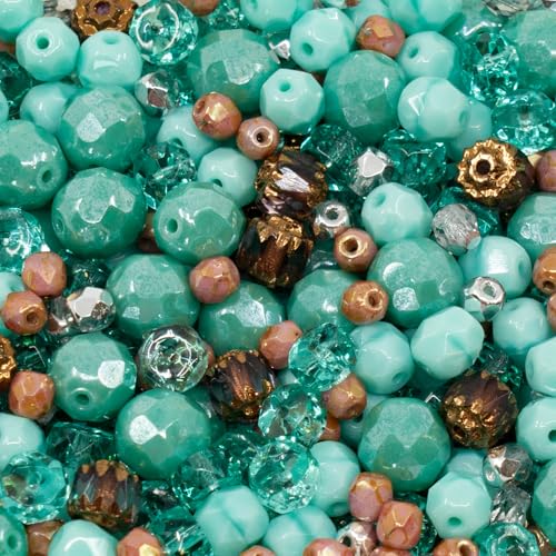 0.9 oz (25g) Gentle Mix of Faceted Fire Polished Czech Glass Beads (Round, Rondelle etc) 4-9mm, Teal Turquoise - color: Turquoise Mix MIX08