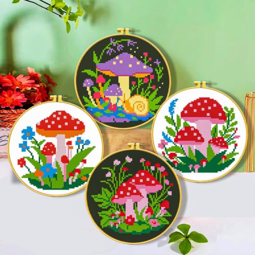 FEIYUENO 4 Pack Cute Plant Cross Stitch Embroidery Kit for Adults, Mushroom - color: Mushroom