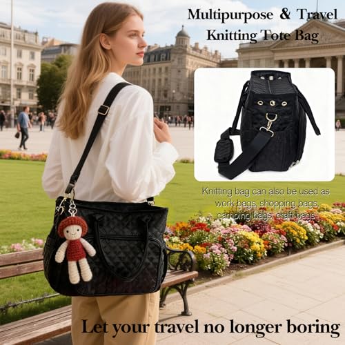 Crochet Bag Yarn Storage, Large Knitting Tote with Padded Crochet Hook Organizer, Tote with Multiple Compartments for Crochet Lovers, Knitting Accessories - color: Black01