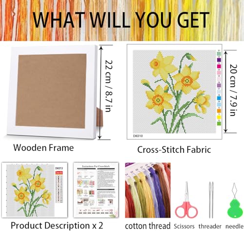 Daffodil Stamped Cross Stitch Kits for Adult Beginner with Wooden Frame - color: Daffodils Cross Stitch with Framed