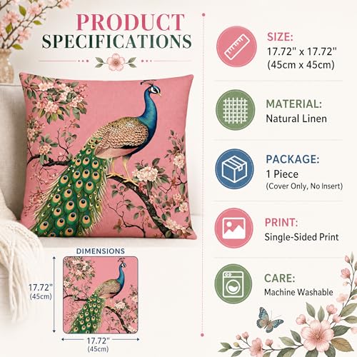 18x18 Pink Chinoiserie Peacock Floral Linen Throw Pillow Cover - color: Pa10051, size: 18" x 18" (Pack of 1)