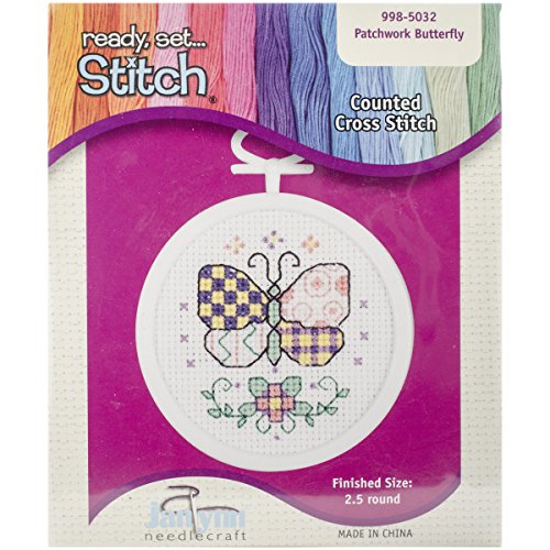 Janlynn 18 Count Round Mini Counted Cross Stitch Kit, 2-1/2-Inch, Patchwork Butterfly