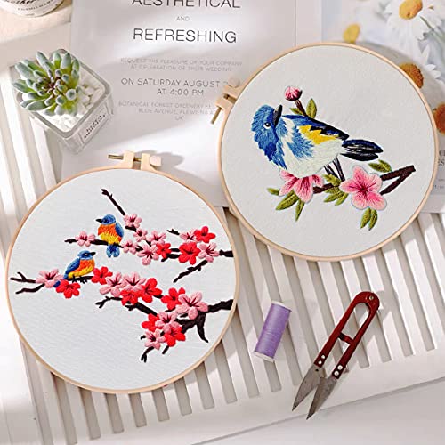 Yutaohui 3 Sets Birds Embroidery Kit with 1 Embroidery Hoop, Birds, Bee, Flower Embroidery Kits for Beginners, Bird Embroidery Kit for Adults, Starter. - color: red flowers