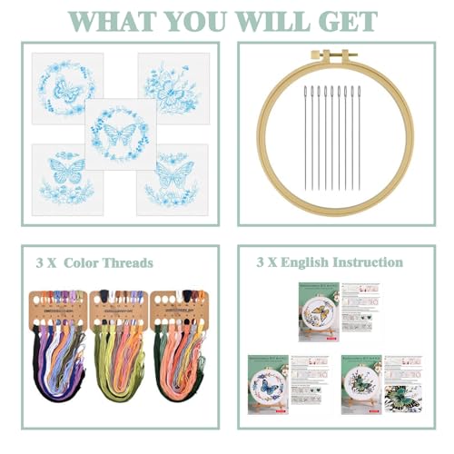 GLTAYLMY 3 Sets Butterfly Embroidery Starter Kit for Beginners Flower Stamped Cross Stitch Kits with Instructions for Beginners Adults Include Embroidery Hoop Threads and Needles - color: BU1EBK
