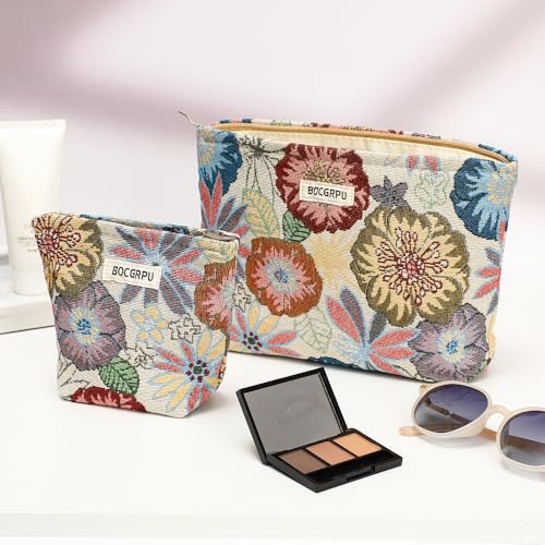 2 PCS Makeup Bag Set Cute Small Cosmetic Bag for Purse - color: Flower Garden White