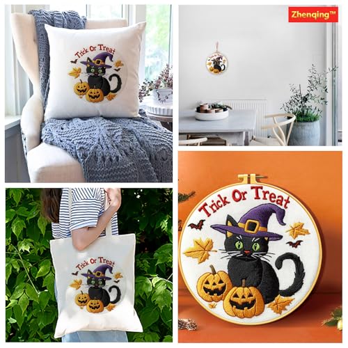 Zhenqing Halloween Black Cat Embroidery Kit for Beginners, Trick or Treat Witch Cat Needlework Kit with Pre-Printed Cotton Fabric, Hoop, Threads & Tools, Spooky DIY Decor (C0118) - style: Halloween Black Cat