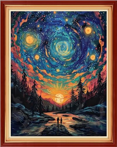 Dimensean Stamped Cross Stitch Kits Full Range of Embroidery Patterns Starter Kits for Beginners Adult DIY Cross Stitches Needlepoint Kits 11CT-Couples Under Van Gogh's Starry Sky 16x20 inch - color: Arts kits 07