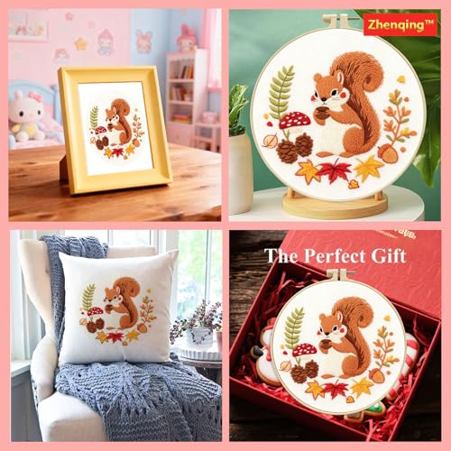 Zhenqing Squirrel with Pinecone Embroidery Kit for Beginners, Pre-Printed 29x29cm Cotton Fabric & 20cm Hoop, Cute Autumn Animal Design with Mushrooms & Maple Leaves(C0050)