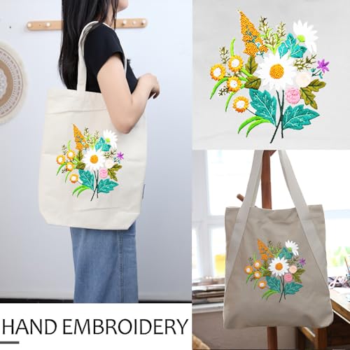 CREAWONDER Canvas Tote Bag Embroidery Kit with Pattern for Beginners, Arts and DIY Embroidery Crafts Kits for Adults, Include Instructions, Thimble, Embroidery Hoops, Color Threads and Tool - color: CR002 chenhuicaoxin beige