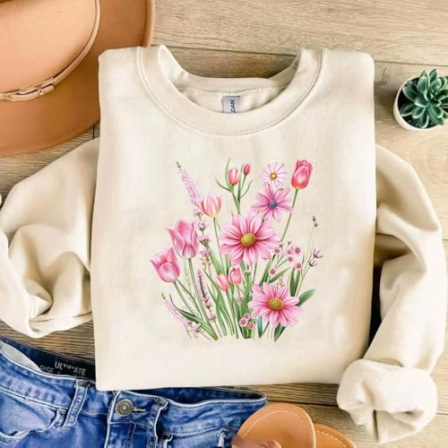 4 Sheets Dtf Transfers Ready to Press Flower Iron on Transfers Patches for T-Shirt Pink Vintage Botanical Heat Transfer Vinyl Appliques Tulip Lily Lavender Daisy Iron on Decals for Clothing DIY Craft - style: Pink Flower B