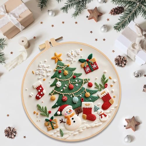 RUIQLXHANG Christmas Embroidery Kit, Gnomes Embroidery Kits for Beginners with Pattern, Cotton Threads, Needles, Instruction, 20cm Hoop, Gift for Mom, Grandma (Christmas Tree) - color: Christmas Tree