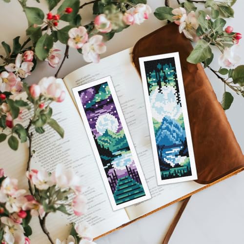 BEUNITONE 6 Pcs Landscape Bookmarks Cross Stitch Kits for Adults Beginner Scenery Cross Stitch Bookmark Kit Aurora Needlepoint Bookmark Kit Stamped DIY Embroidery Kit with Instructions 2.4x8 in - style: Dreamy Landscape
