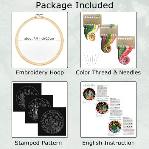 Nuberlic 3 Pack Embroidery Kit for Beginners with Cactus Pattern - color: Cactus