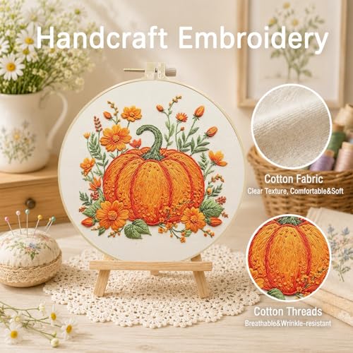 ARTopet Embroidery Kit for Adults Beginners Flower DIY Craft Starter Set Cotton Needlepoint Set with 7.87In Hoop Threads Tools Perfect Gifts for Hobbyists to Create Wall Art-Pumpkin - color: Pumpkin