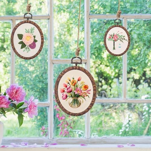 4 Pcs Embroidery Hoop Set, Imitated Wood Oval Frames for Crafts