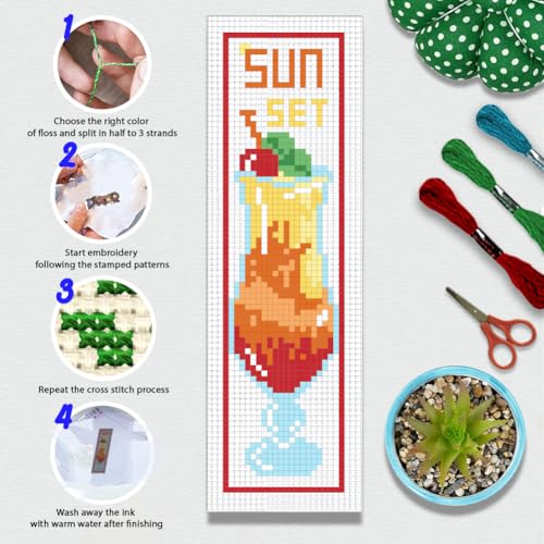 BEUNITONE 6 Pcs Summer Cross Stitch Bookmark Kits for Beginners Cocktail Sun Set Text Pattern Counted Cross Stitch DIY Stamped Embroidery Kits with Instructions for Book Lover Reader Writer 8''x2.4'' - style: Cocktail