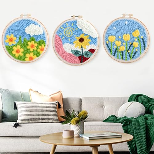 Allazone 3 Set Punch Needle Embroidery Starter Kits, DIY Craft Punch Needle Kits with Flower Pattern, Plastic Hoop, Yarn, Embroidery Handle Needle Pen and Instruction - color: Yellow flowers