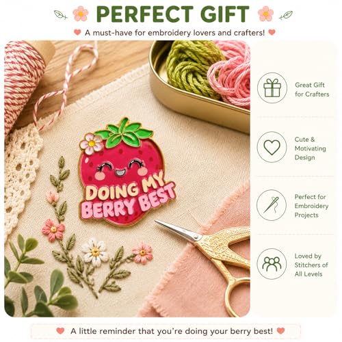 Funny Strawberry Needle Minder Magnet, Cute Magnetic Sewing Accessory with "Doing My Berry Best" Design for Embroidery, Needlepoint & Cross Stitch Projects