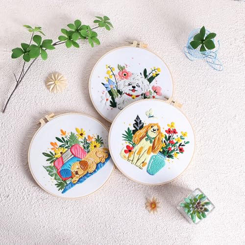 GLTAYLMY Cute Dogs Embroidery Kit for Beginners with Pattern and Instructions,3 Pack Cross Stitch Kits,1 Plastic Embroidery Hoops,Threads and Needles,Needlepoint Kit for Adults - color: Cute Dogs
