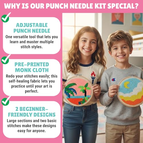 Kalakaram Punch Needle Embroidery Kit | Complete Beginner Starter Kit with 2 Printed Designs | Perfect DIY Craft Gift for Girls, Teens, Kids, & Adults